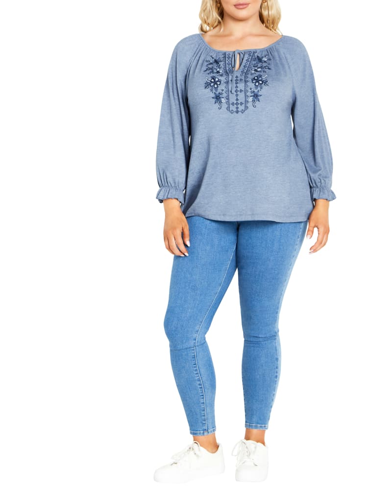 Front of a model wearing a size 18 TOP BRIE EMB in Indigo by avenue. | dia_product_style_image_id:318032
